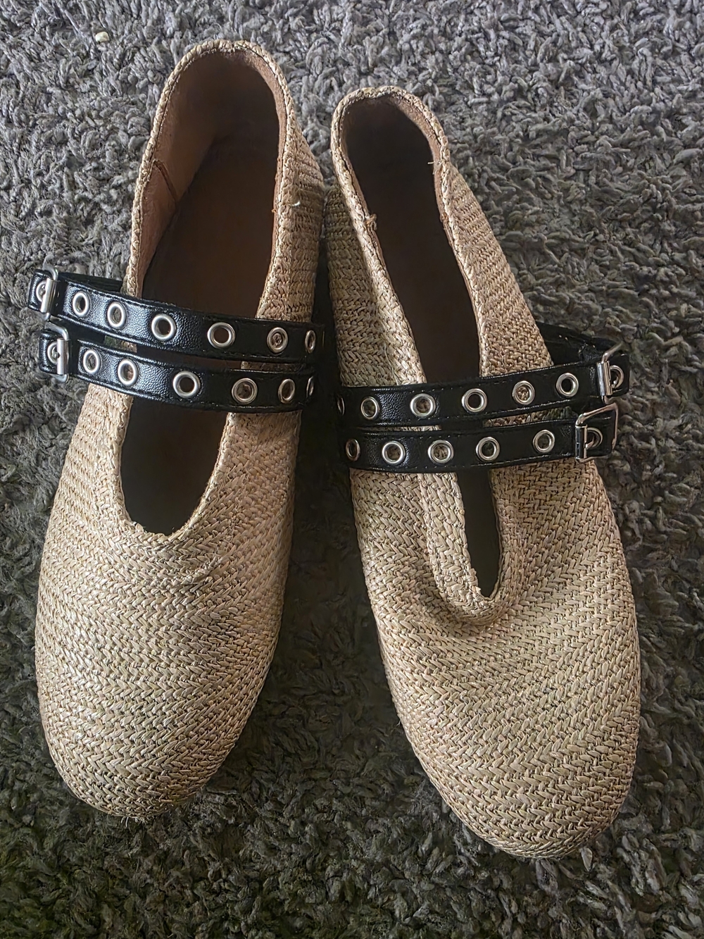 Braided Espadrille Flats with Black Double Grommet Straps